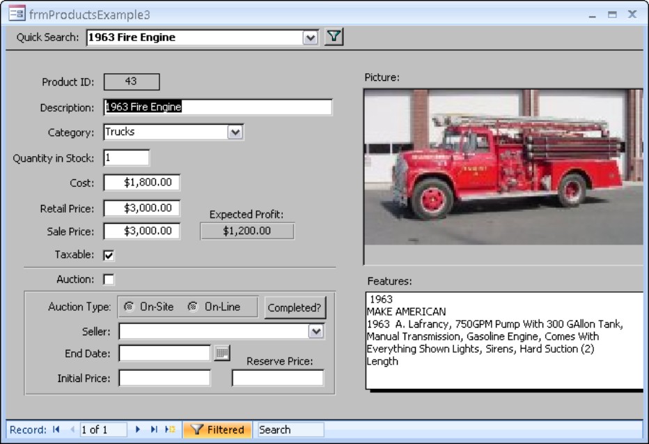 frmProductsExample3 uses the form’s Filter and FilterOn properties.